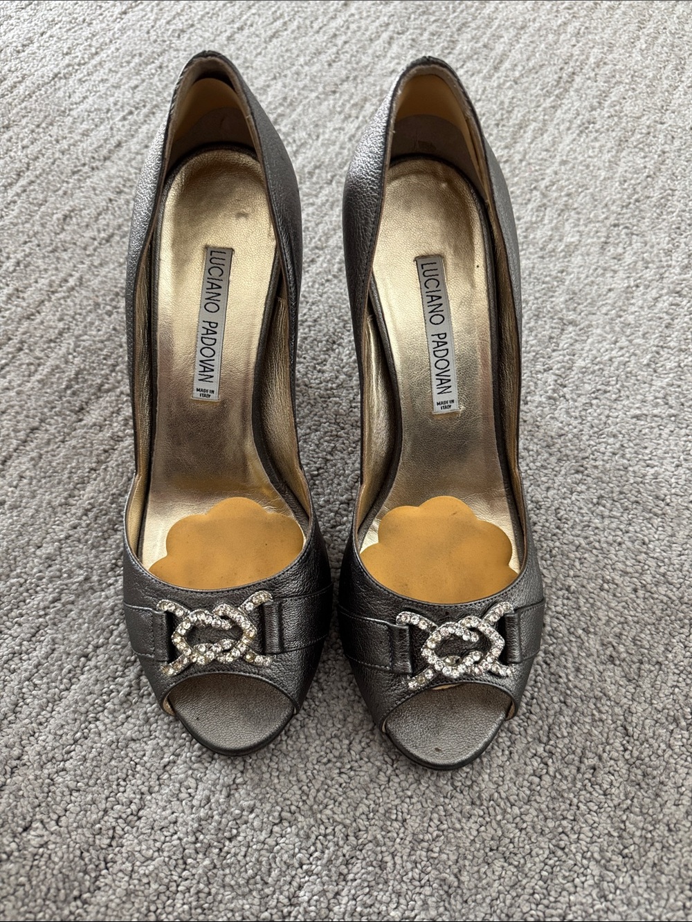 Vintage Luciano Padovan Metallic Peep-Toe Heels with Crystal Buckle